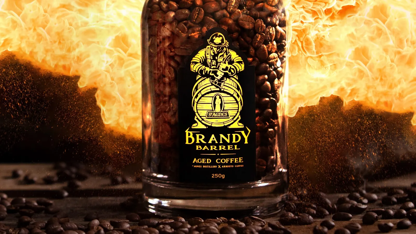 Brandy Barrel aged coffee: packaging with roasting flames